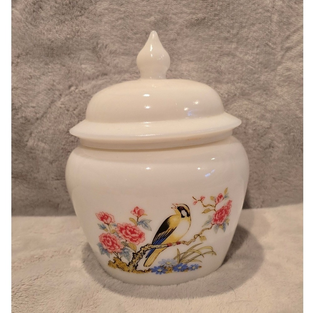Vintage White Milk Glass Apothecary Jar w/Lid Spring Flower Finch Bird Avon 6"T